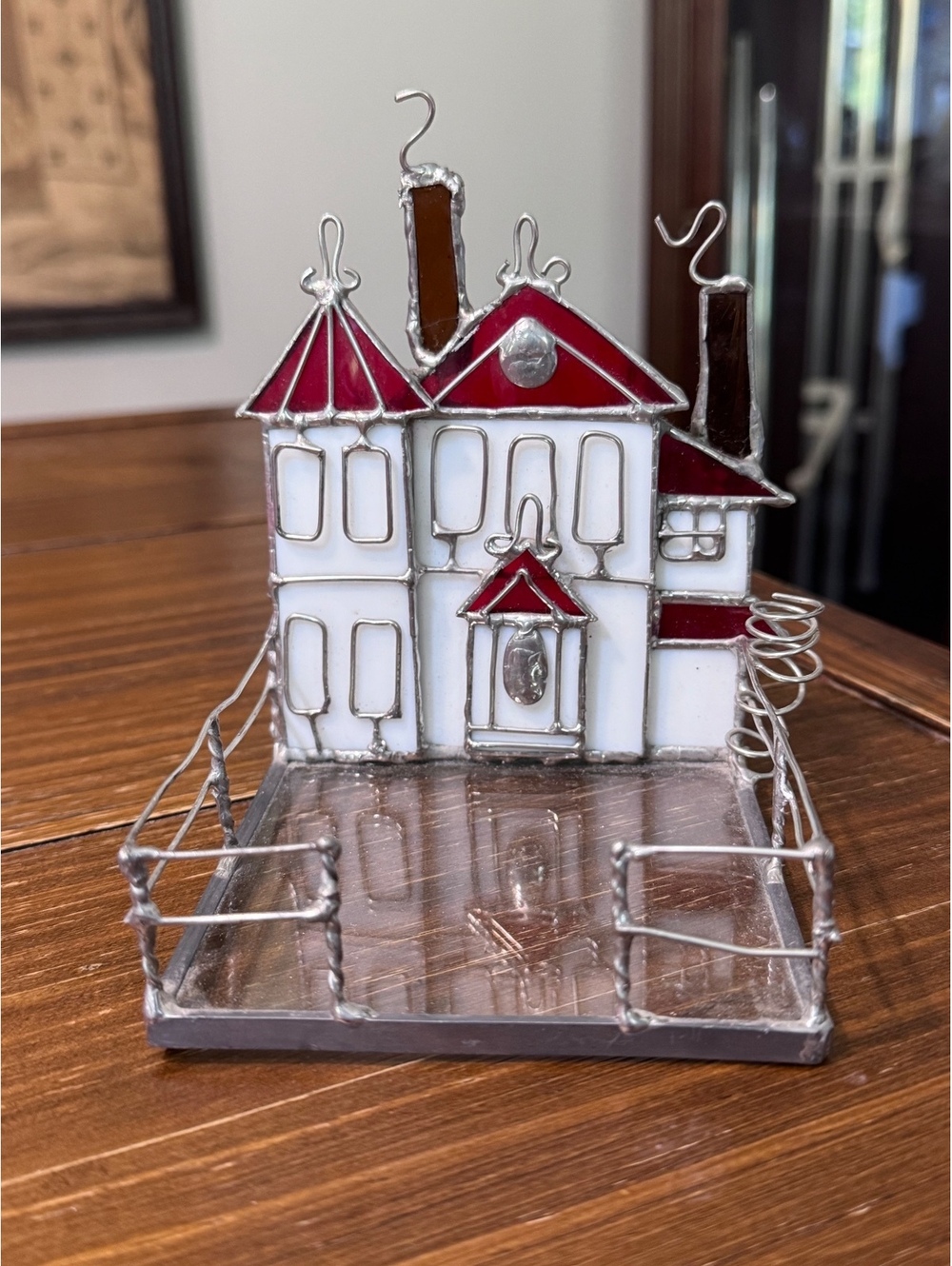 Vintage Stained Glass Victorian House Desk Organizer Letter Pen Holder Handmade